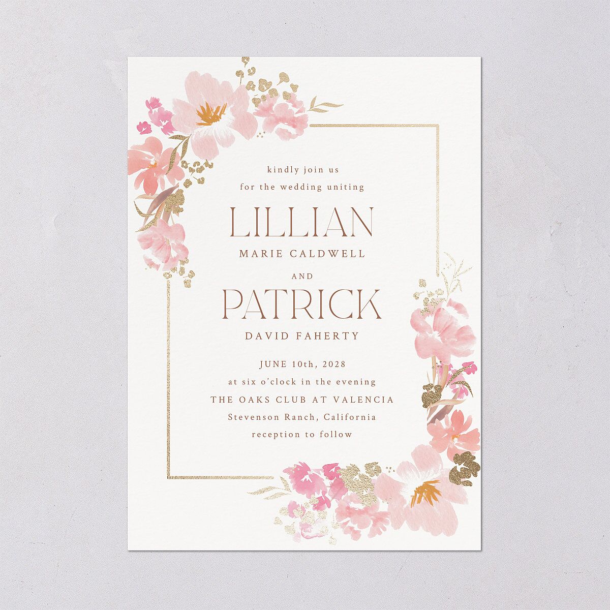 Blooming Frame Wedding Invitations Gold Pink Cotton Signature Blank No Standard