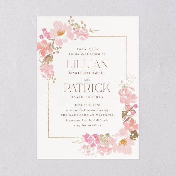 Blooming Frame Wedding Invitations Gold Pink Cotton Signature Blank No Standard