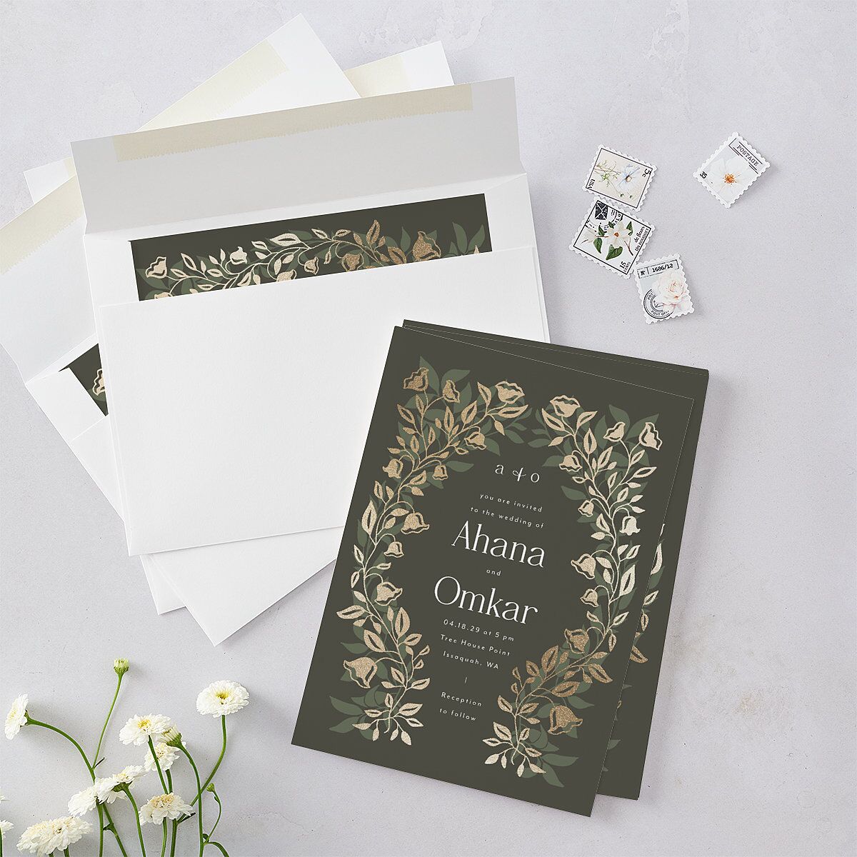 Rustic Nouveau Wedding Invitations Gold Hunter Green Signature Blank No Standard