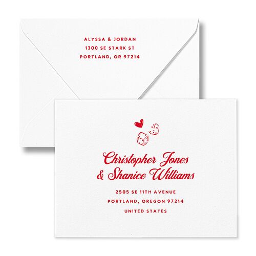 Hand Drawn Las Vegas Hearts Save the Date Petite Card Euro Envelopes White Crimson Both Recipient and Return Addresses Luxe Signature