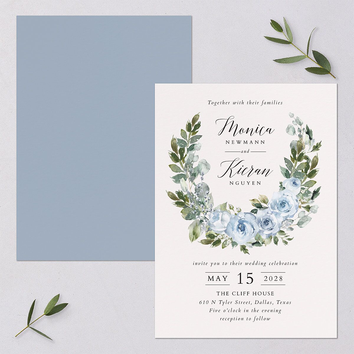 Romantic Laurel Wedding Invitations Dusty Blue Signature Blank No Standard