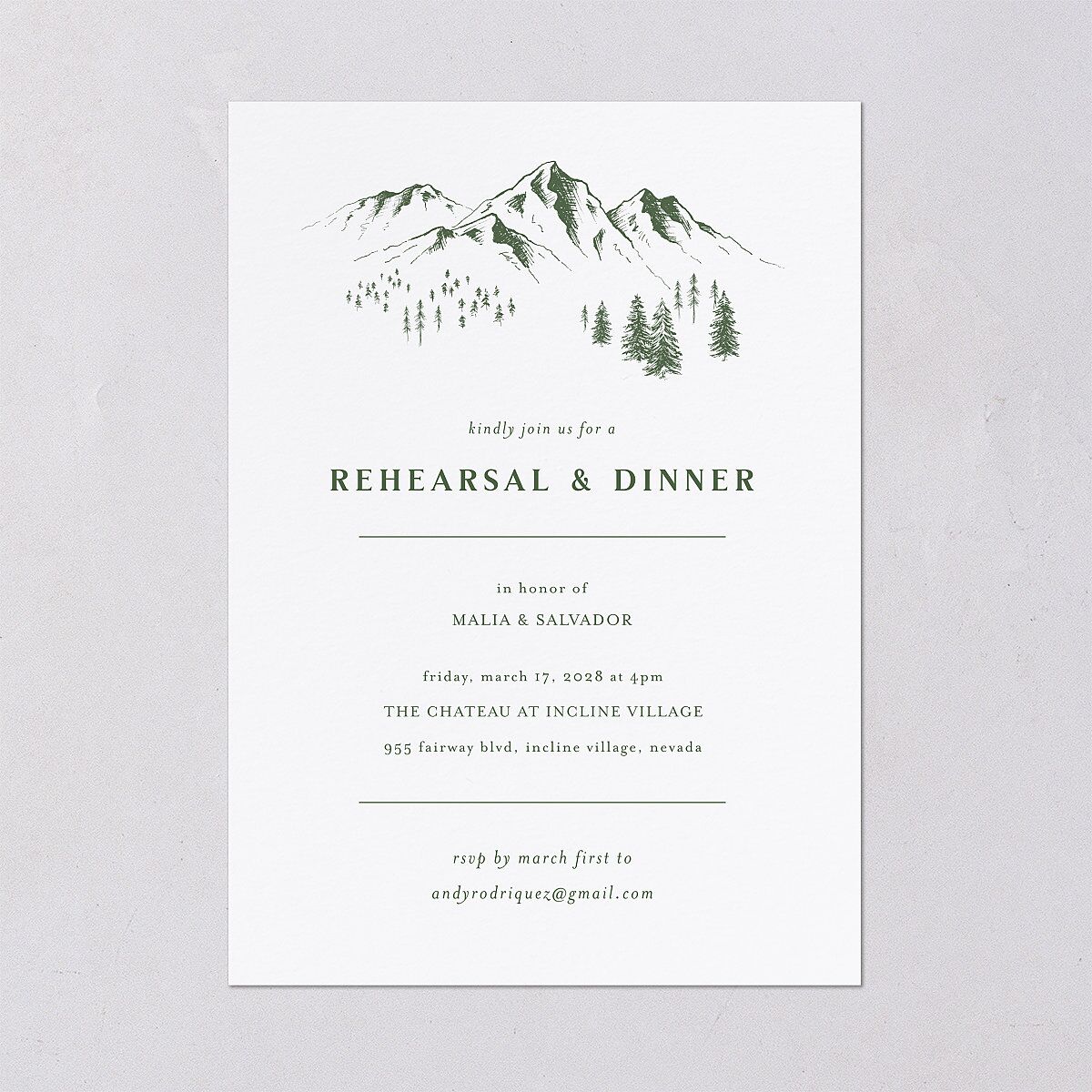 Etched Mountains Rehearsal Dinner Invitations Hunter Green Signature Blank
