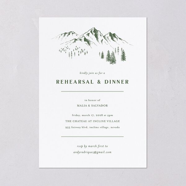 Etched Mountains Rehearsal Dinner Invitations Hunter Green Signature Blank