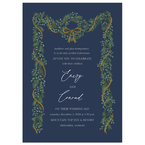 Festive Garland Wedding Invitations Moody Blue Signature Blank No Standard