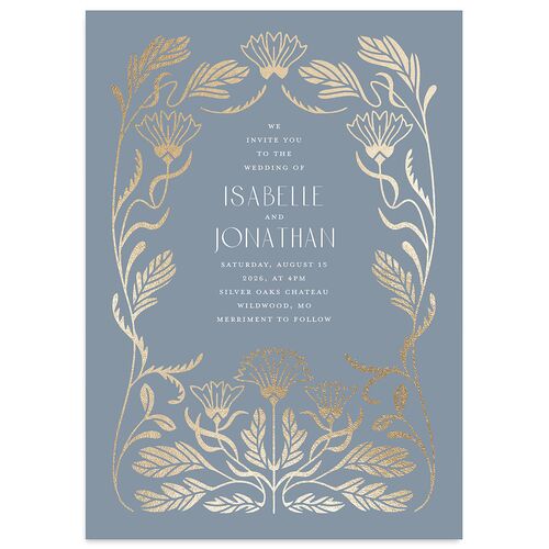 Elegant Nouveau Wedding Invitations Gold Dusty Blue Signature Blank No Standard