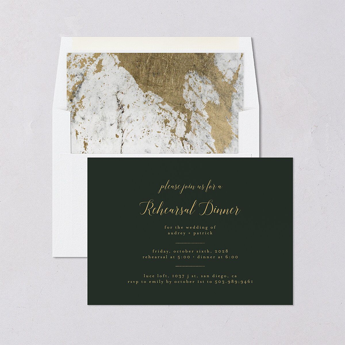Marble and Gold Rehearsal Dinner Invitation Dark Emerald Signature Blank