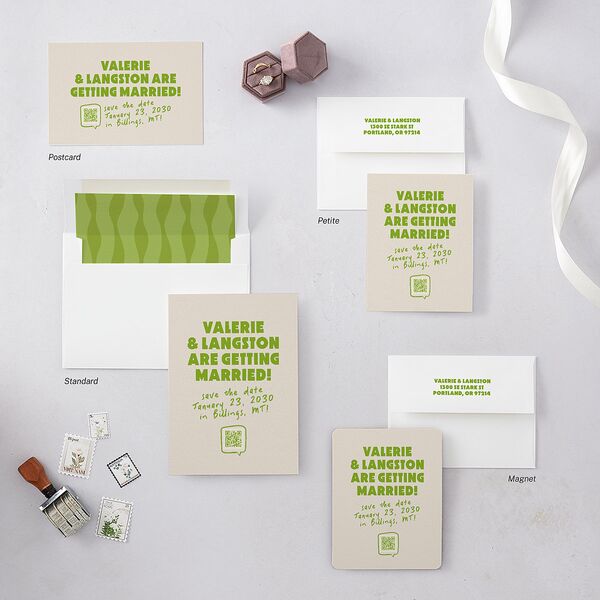 Retro Modern QR Code Save the Date Cards Greenery Signature smooth Blank No Standard