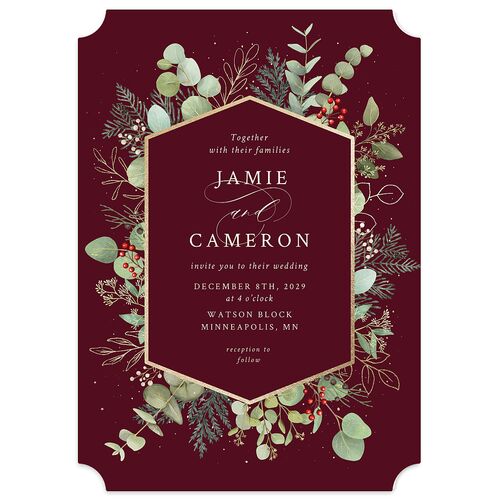 Elegant Eucalyptus Christmas Foil Wedding Invitations Gold Burgundy Signature Blank No Ticket