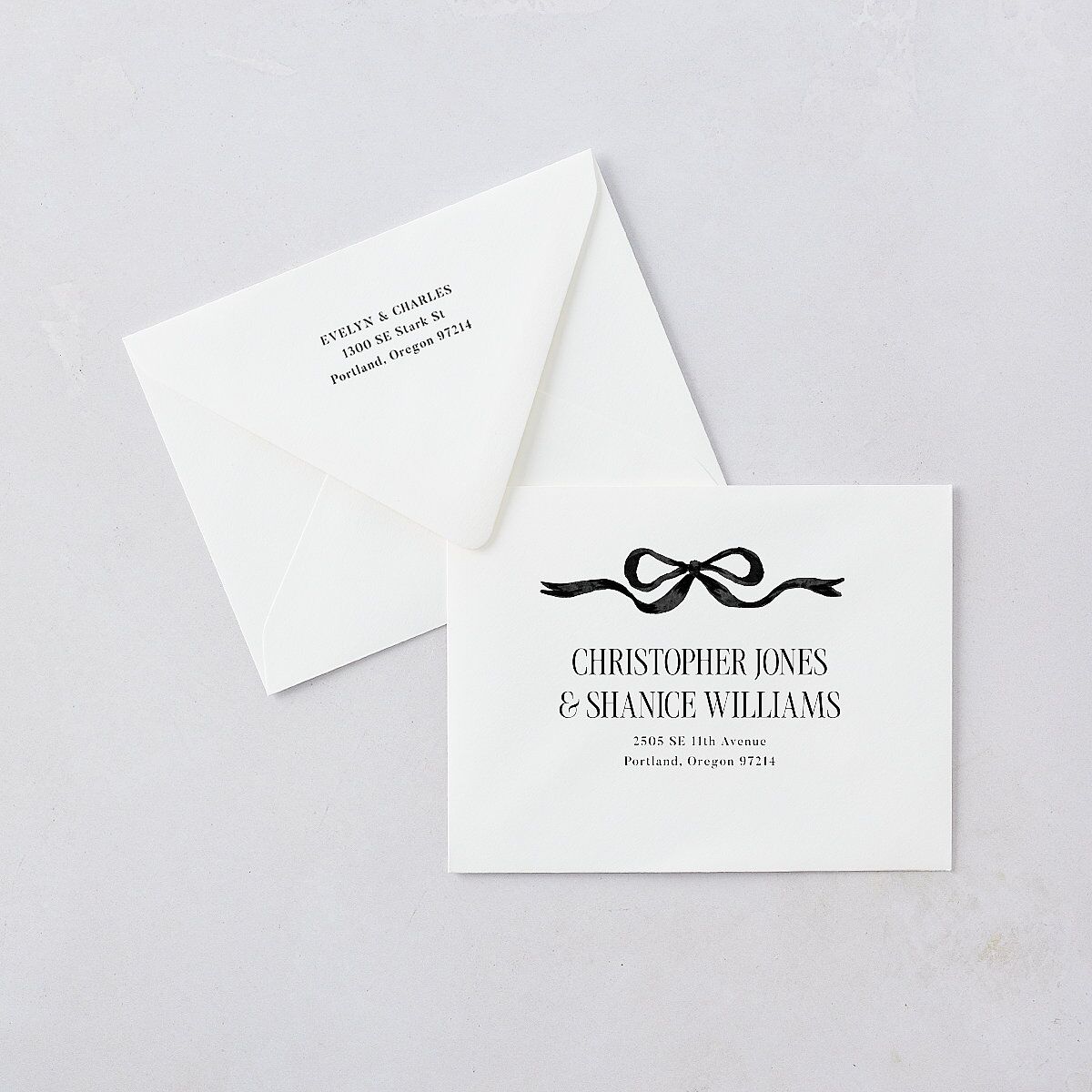 Whimsical Hand Drawn Bow Save the Date Petite Card Euro Envelopes White Linen Both Recipient and Return Addresses Luxe Signature