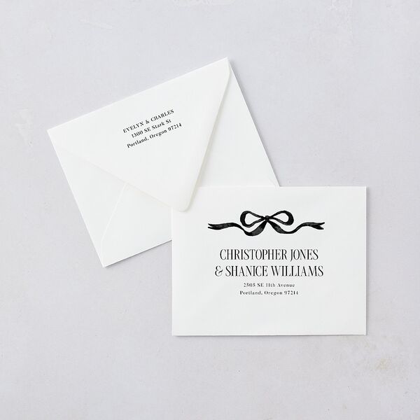 Whimsical Hand Drawn Bow Save the Date Petite Card Euro Envelopes White Linen Both Recipient and Return Addresses Luxe Signature