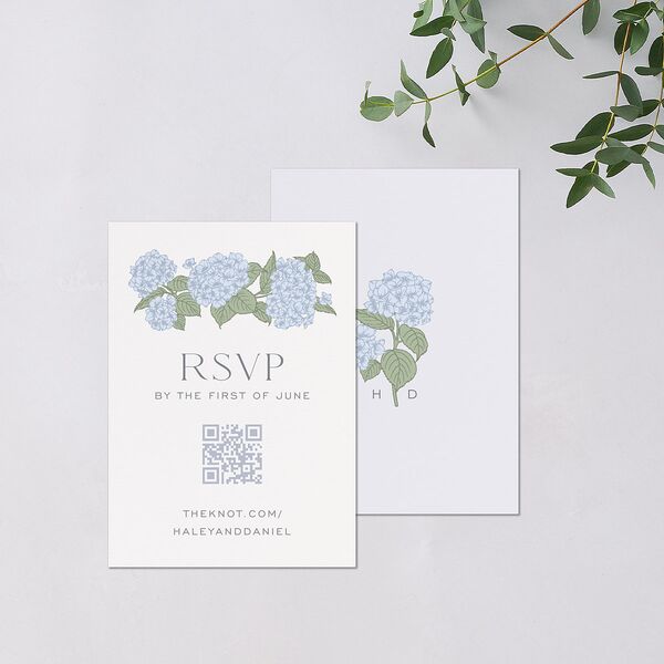 Vintage Hydrangea Frame QR Code RSVP Cards Dusty Blue Signature Standard