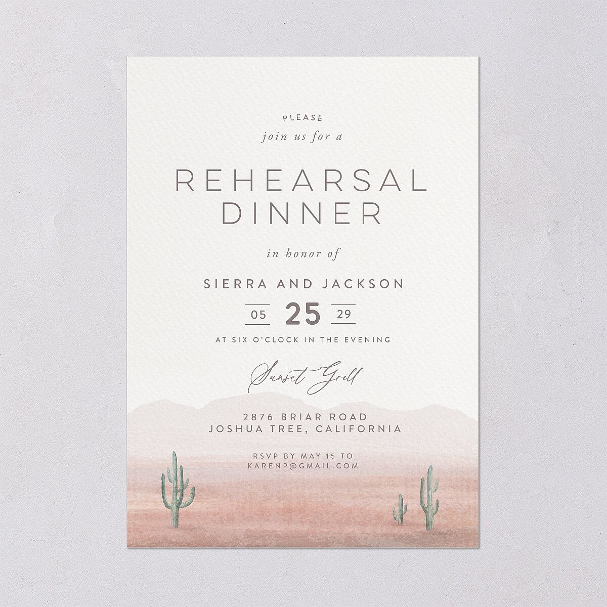 Painted Desert Rehearsal Dinner Invitations Dusty Rose Signature Blank Standard