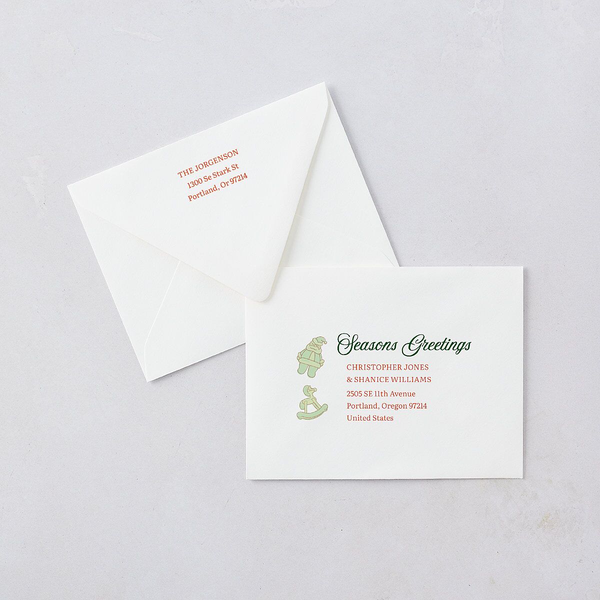 Vintage Holiday Wreath Thank You Card Euro Envelopes White Hunter Green Both Recipient and Return Addresses Luxe Signature