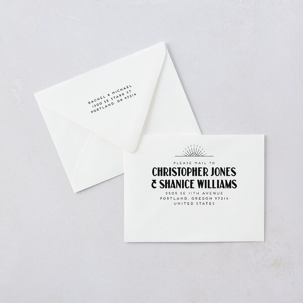 Vintage Art Deco Photo Save the Date Magnet Euro Envelopes Off-White White Both Recipient and Return Addresses Luxe Signature