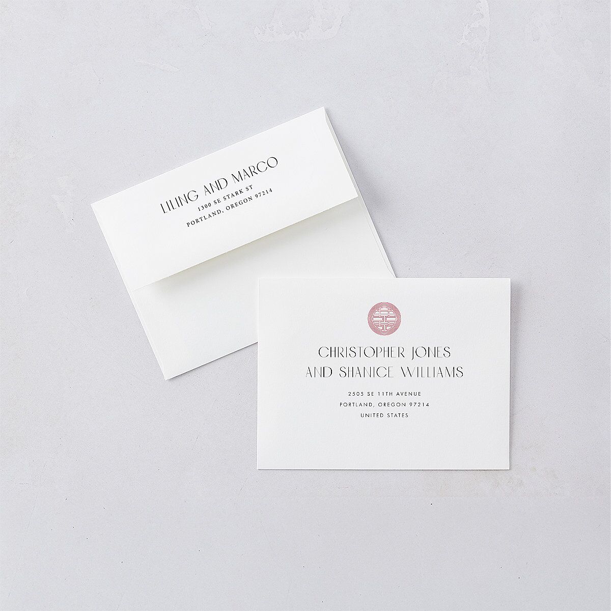 Chinese Lucky Circle Thank You Card Envelopes White True Red Both Recipient and Return Addresses Signature Standard