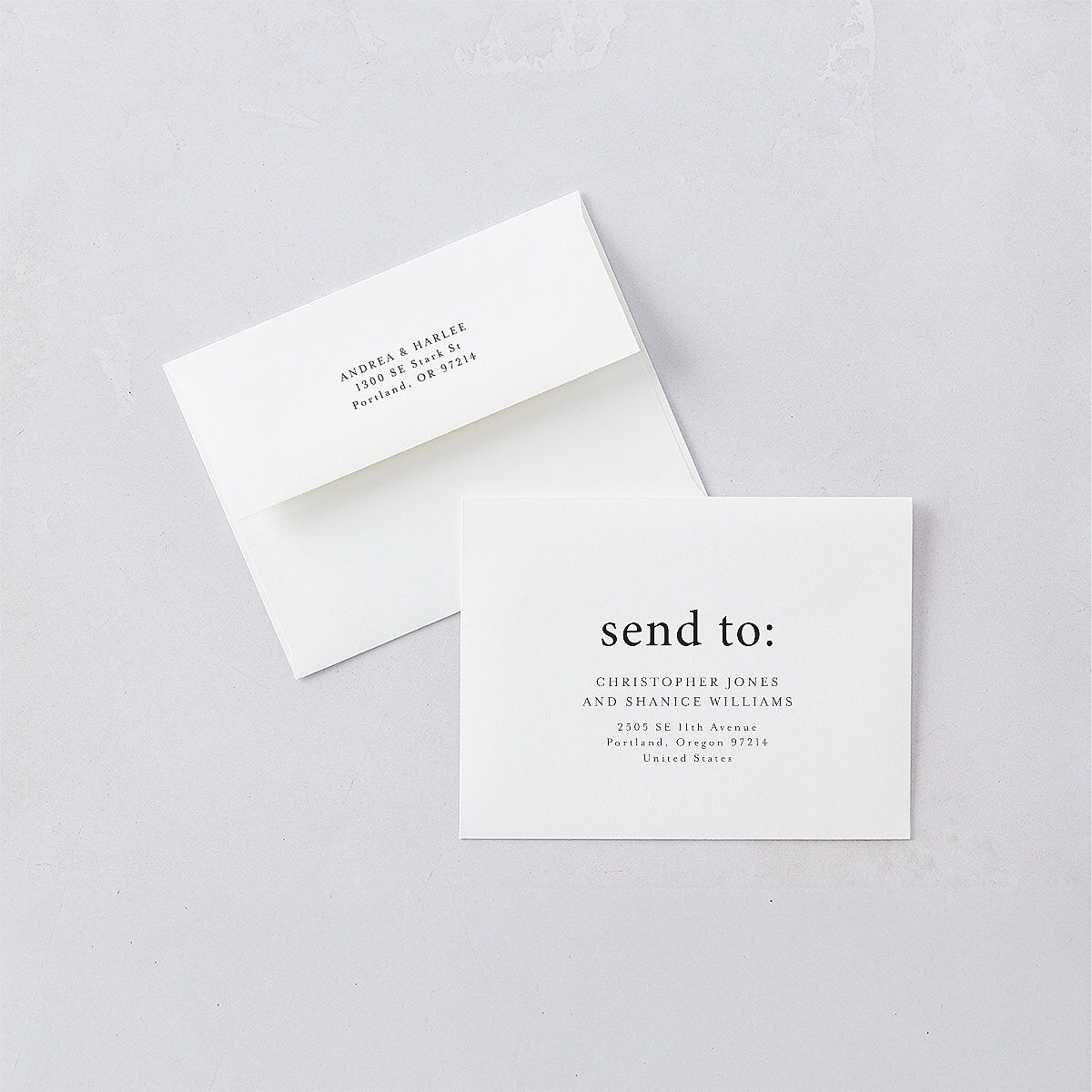 Timeless Photo Trio Save the Date Magnet Envelopes White Linen Both Recipient and Return Addresses Signature Standard