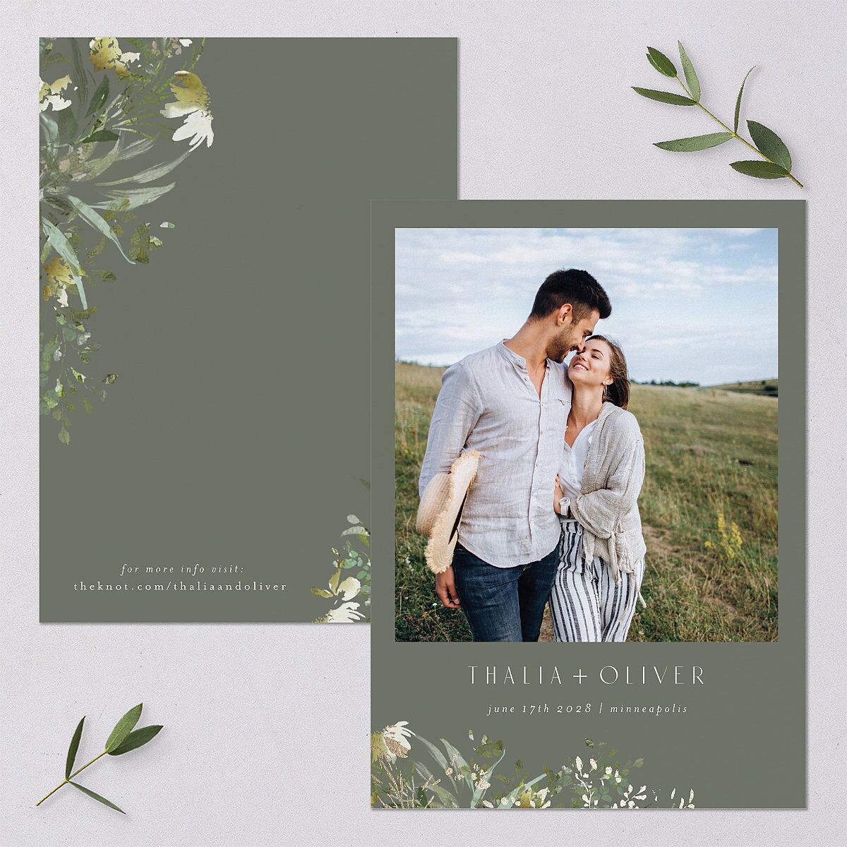 Gilded Greenery Save The Date Cards Gold Deep Olive Signature smooth Blank No Standard