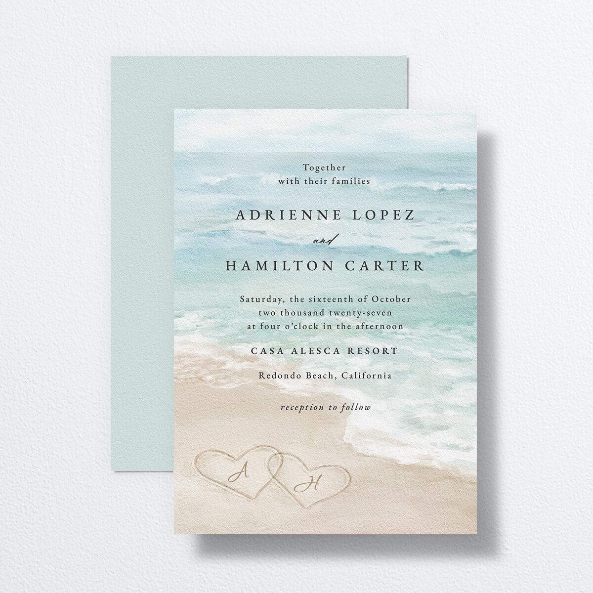 Beach Monogram Wedding Invitations Pale Blue Signature No