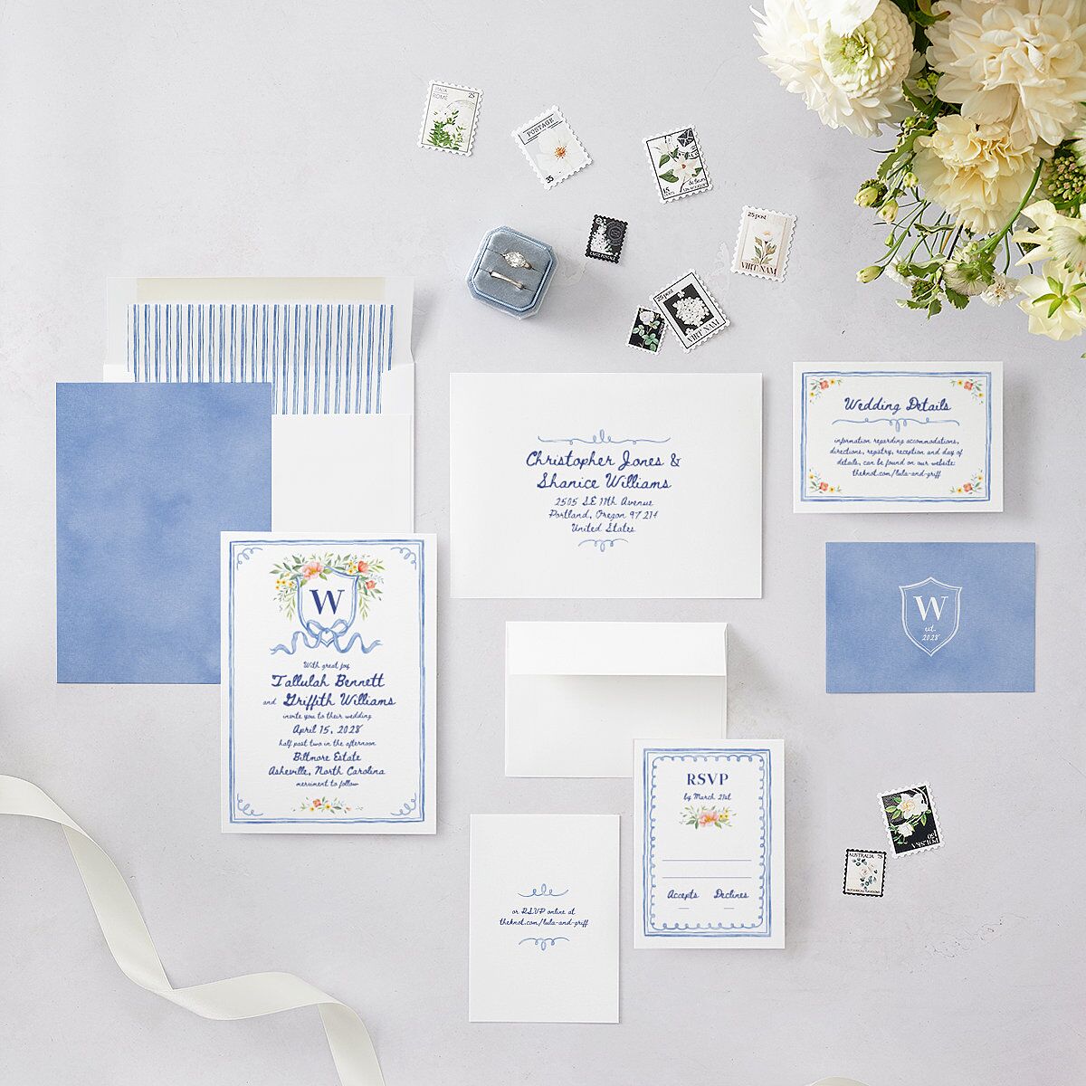 Countryside Crest Wedding Invitations Royal Blue Signature Blank No Standard