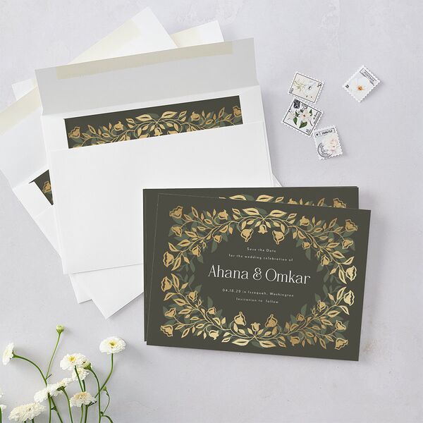 Rustic Nouveau Save the Date Cards Gold Hunter Green Signature smooth Blank No