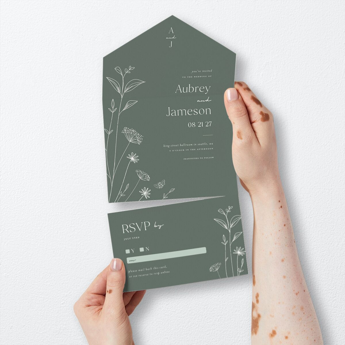 Simple Modern Wildflowers All-in-One Wedding Invitations Deep Olive Signature Light Both Recipient and Return Addresses No