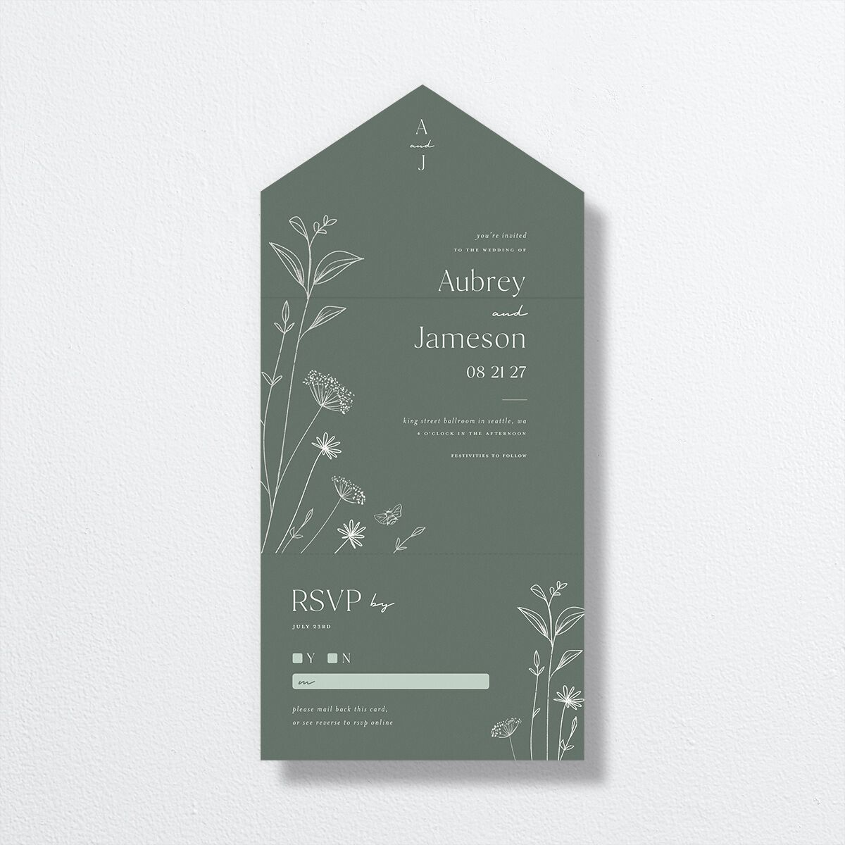 Simple Modern Wildflowers All-in-One Wedding Invitations Deep Olive Signature Light Both Recipient and Return Addresses No