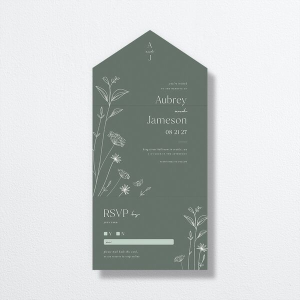Simple Modern Wildflowers All-in-One Wedding Invitations Deep Olive Signature Light Both Recipient and Return Addresses No