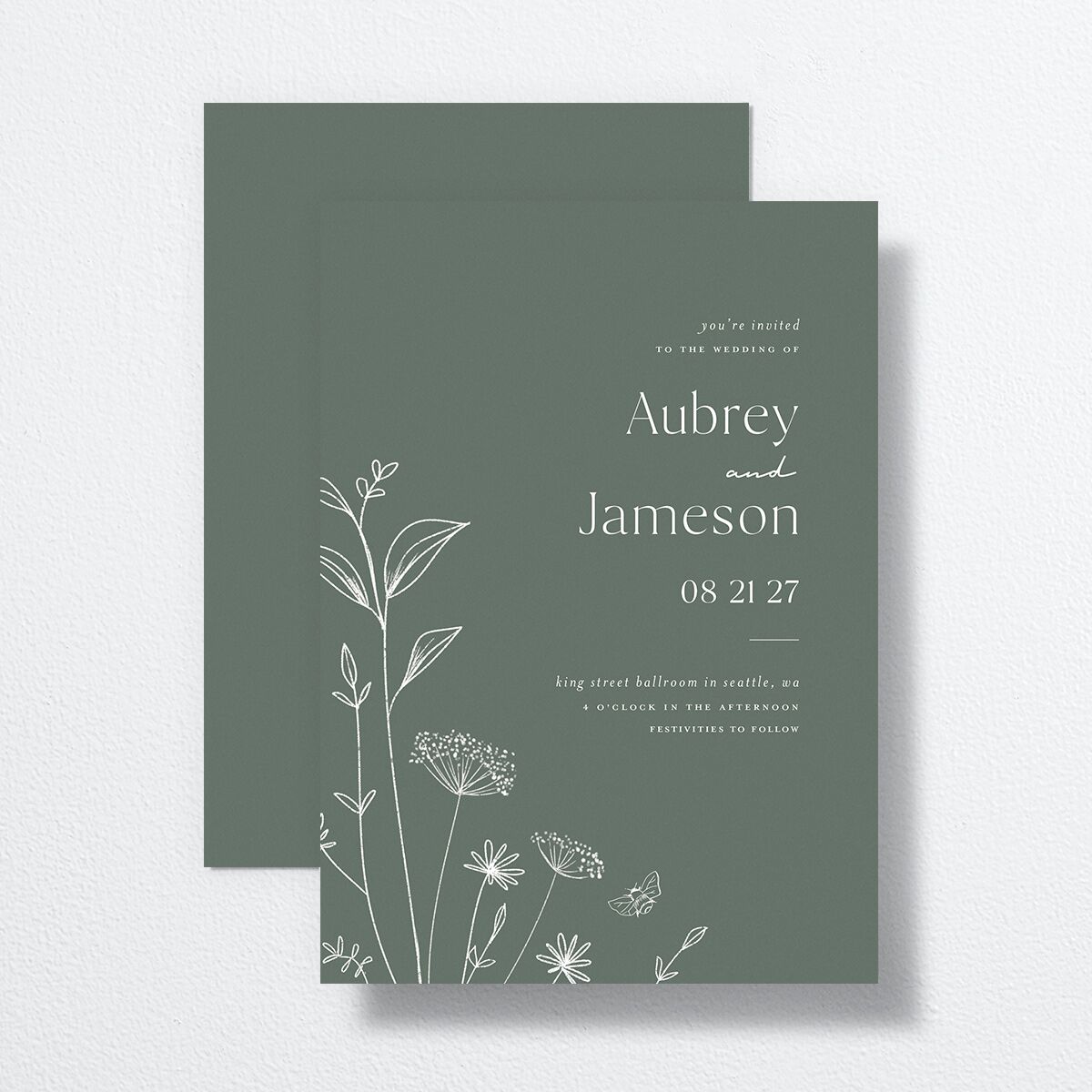 Simple Modern Wildflowers Wedding Invitations Deep Olive Signature No Standard