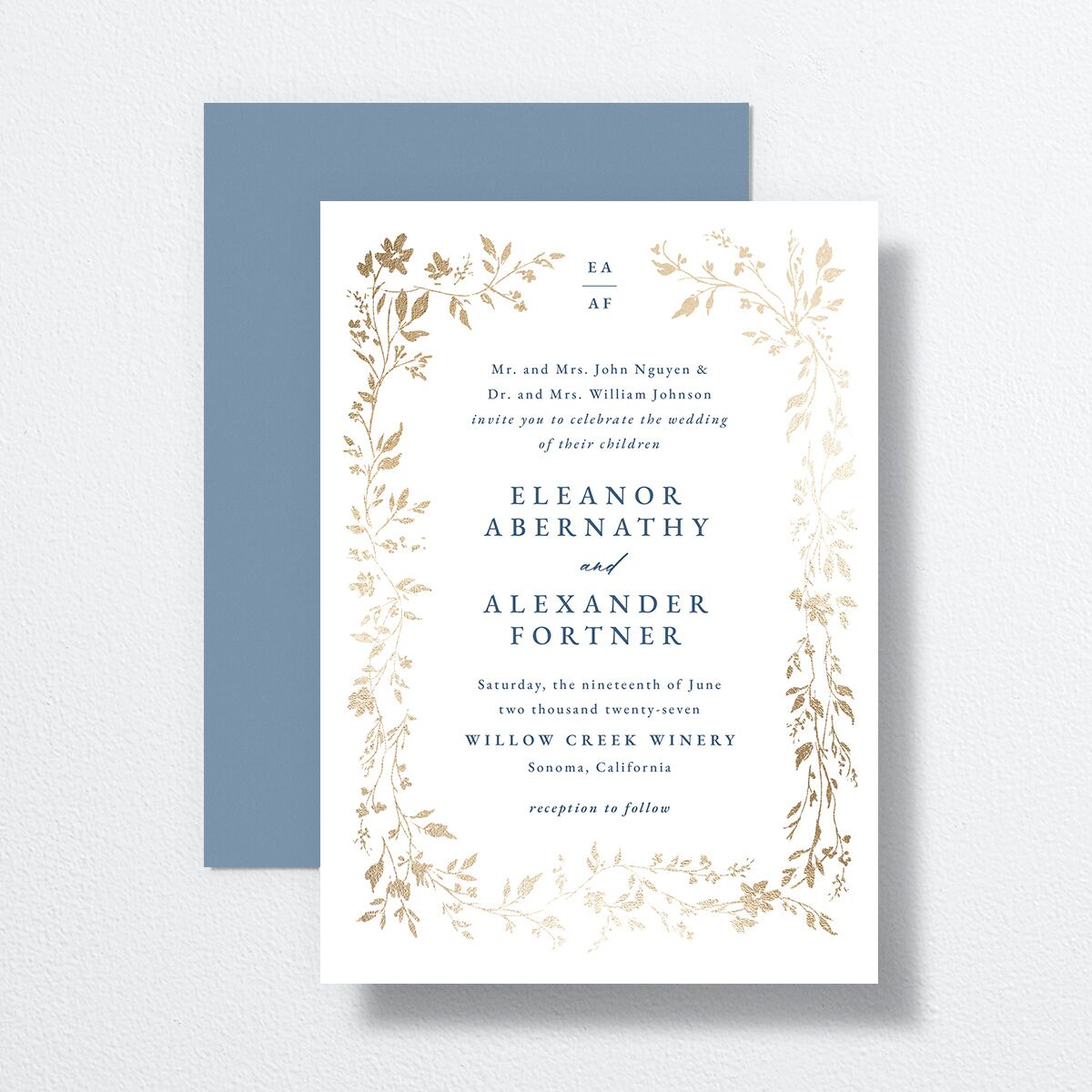 Timeless Floral Foil Wedding Invitations Gold Dusty Blue Signature No