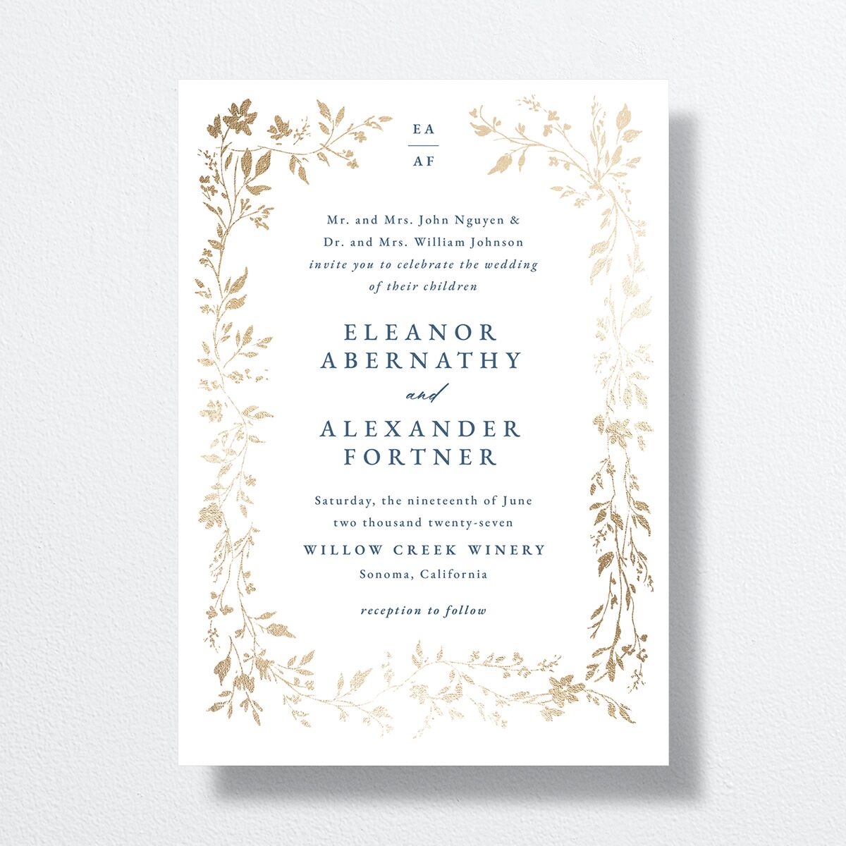 Timeless Floral Foil Wedding Invitations Gold Dusty Blue Signature No