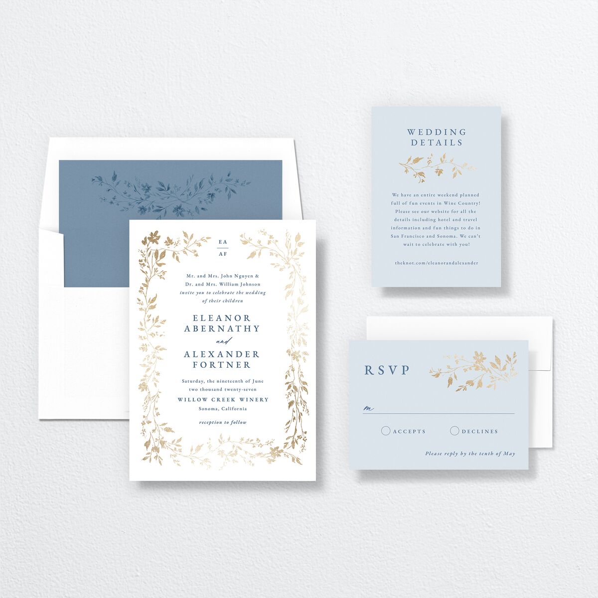 Timeless Floral Foil Wedding Invitations Gold Dusty Blue Signature No