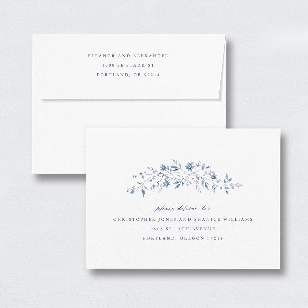 Timeless Floral Foil Wedding Invitation Envelopes White Standard Dusty Blue Both Recipient and Return Addresses Signature
