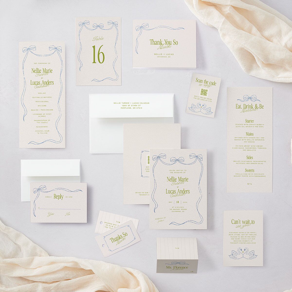 Modern Delicate Bows QR Code RSVP Cards Peridot Signature Standard