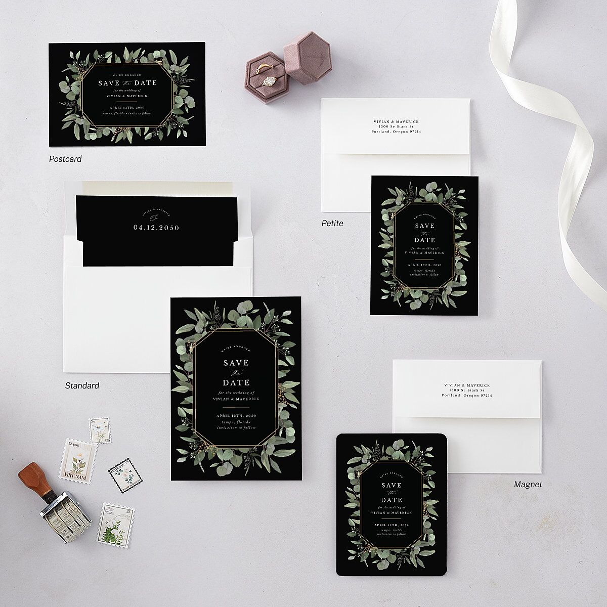 Elegant Eucalyptus Botanical Save the Date Petite Cards Midnight Signature smooth Blank No Standard
