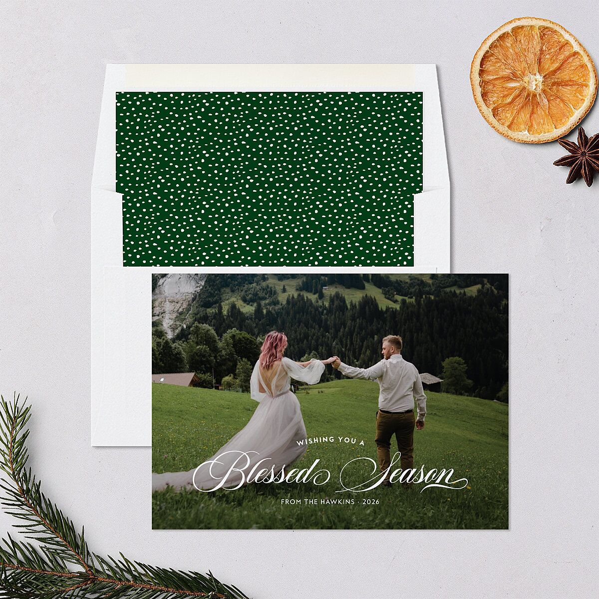 Blessed Season Holiday Cards Hunter Green Signature Blank Standard Landscape