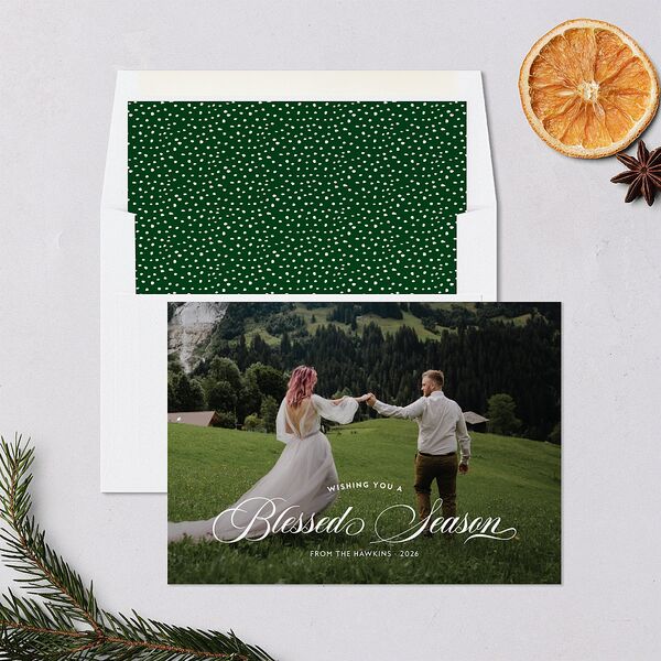 Blessed Season Holiday Cards Hunter Green Signature Blank Standard Landscape