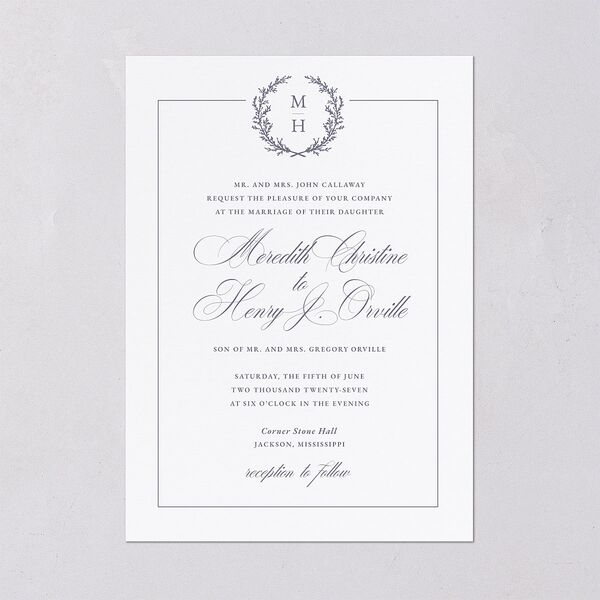 Monogram Branches Wedding Invitations Regency Blue Signature Blank No Standard