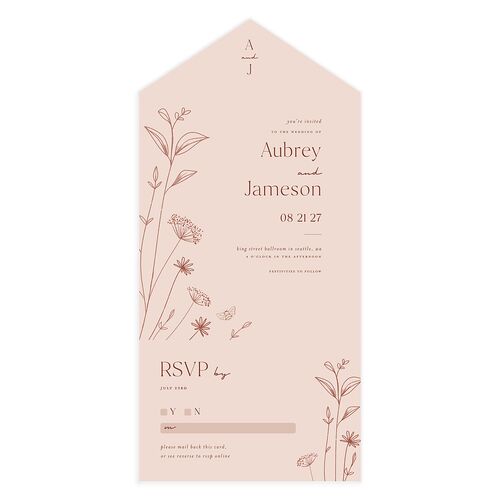 Simple Modern Wildflowers All-in-One Wedding Invitations Pink Cotton Signature Light Both Recipient and Return Addresses No