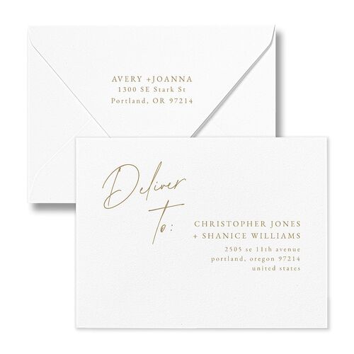 Corner Script Save the Date Petite Card Euro Envelopes White Sand Both Recipient and Return Addresses Luxe Signature