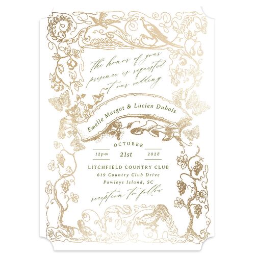 Vintage Toile Foil Wedding Invitations Gold Greenery Signature Blank No Ticket