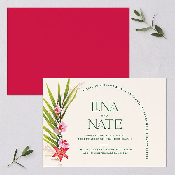 Hawaiian Tropical Orchid Oval Bridal Shower Invitations Crimson Signature Blank Standard