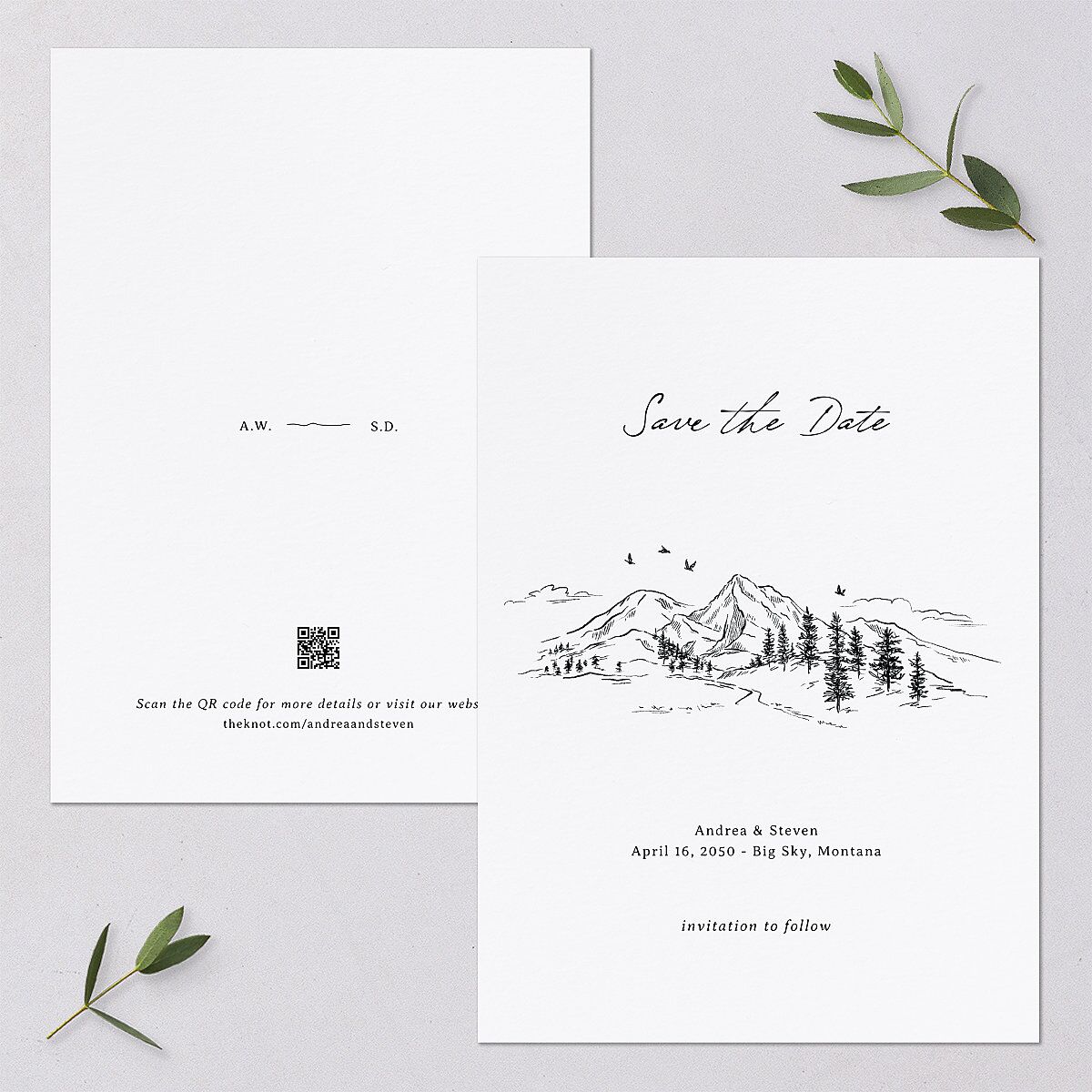 Elegant Mountain Monogram Save the Date Cards Pure White Signature smooth Blank No Standard
