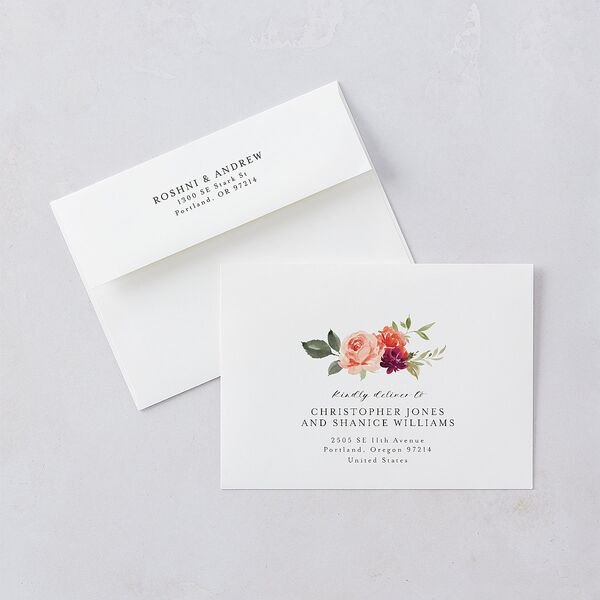 Vibrant Floral Wedding Invitation Envelopes White Deep Claret Both Recipient and Return Addresses Standard Signature