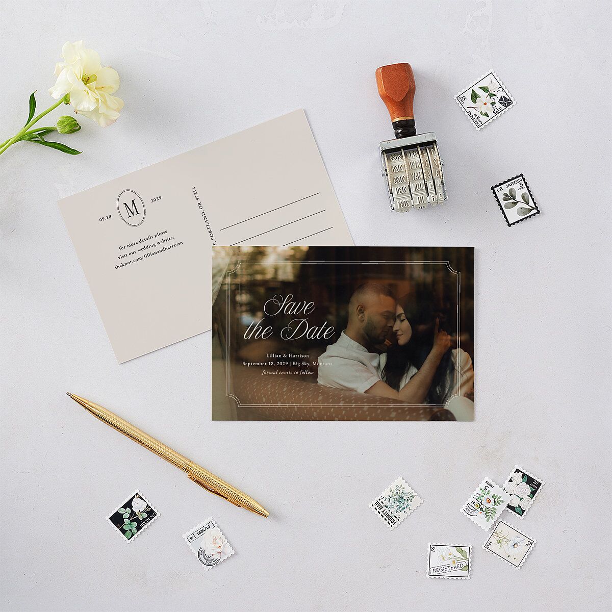 Elegant Oval Monogram Save the Date Postcards Sand