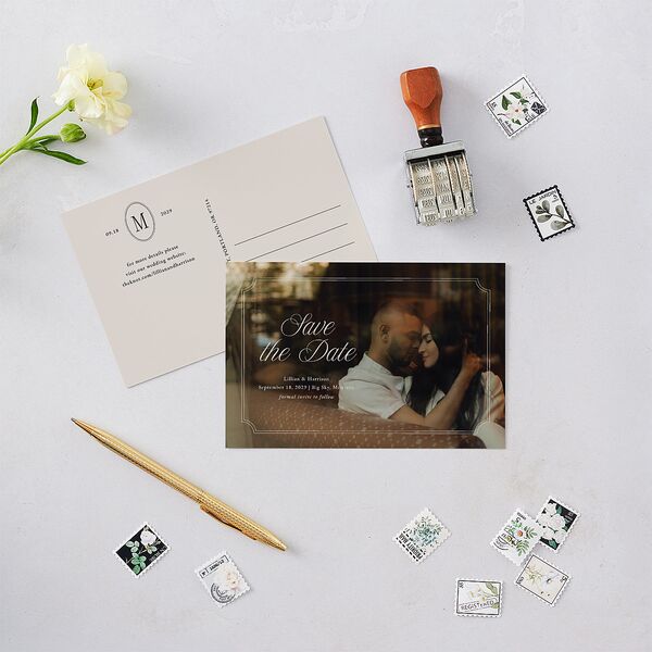 Elegant Oval Monogram Save the Date Postcards Sand