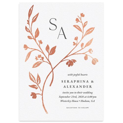Botanical Initials Foil Wedding Invitations Rose Gold Pink Cotton Signature Blank No Standard