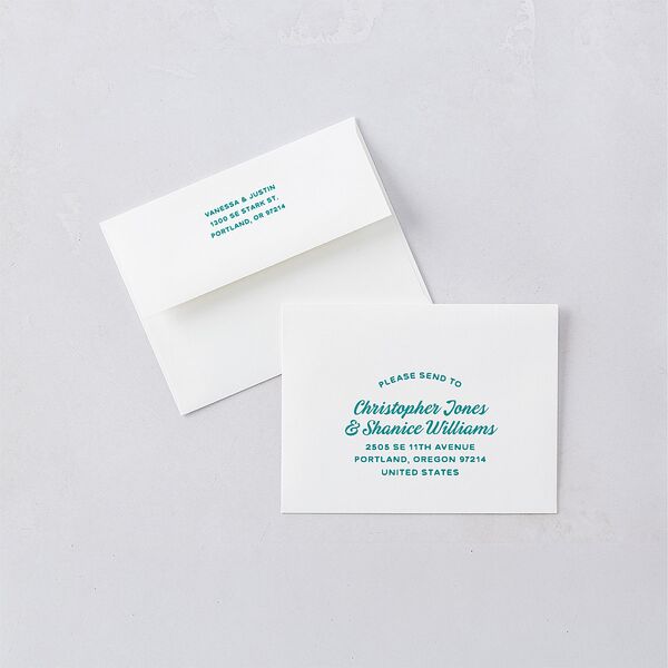 Illustrated Retro Coastal Beach Save the Date Petite Card Envelopes White Turquoise Both Recipient and Return Addresses Signature Standard