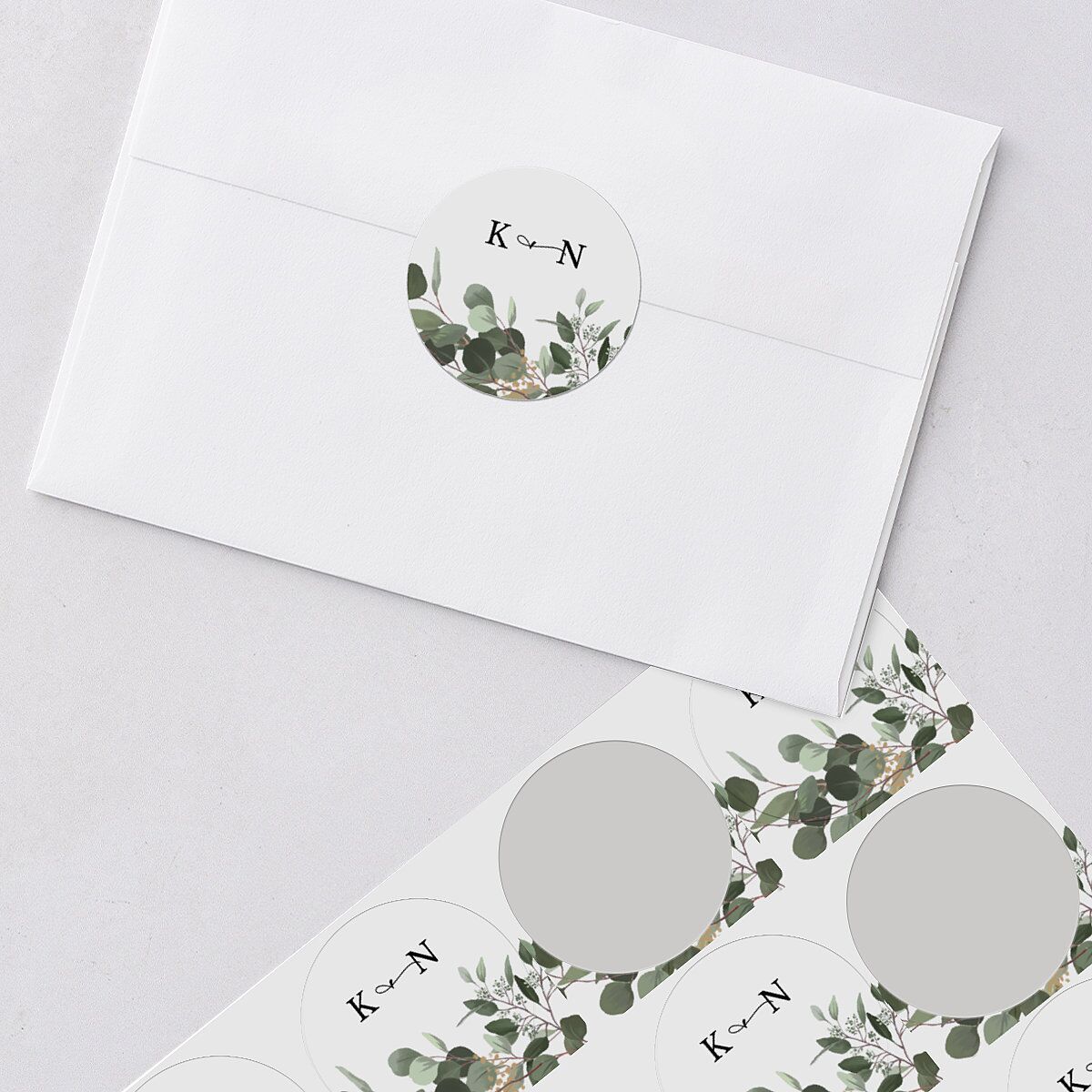 Eucalyptus Frame Wedding Stickers Pure White Circle