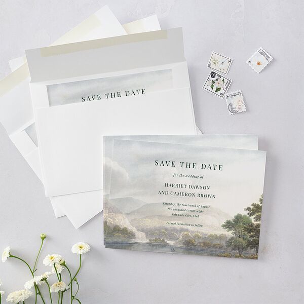 Vintage Landscape Save The Date Cards Dark Green Signature smooth Blank No Standard