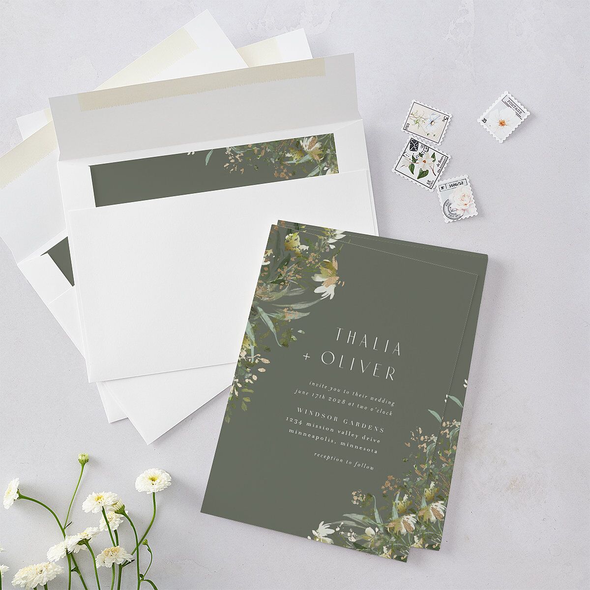 Gilded Greenery Wedding Invitations Gold Deep Olive Signature Blank No Standard